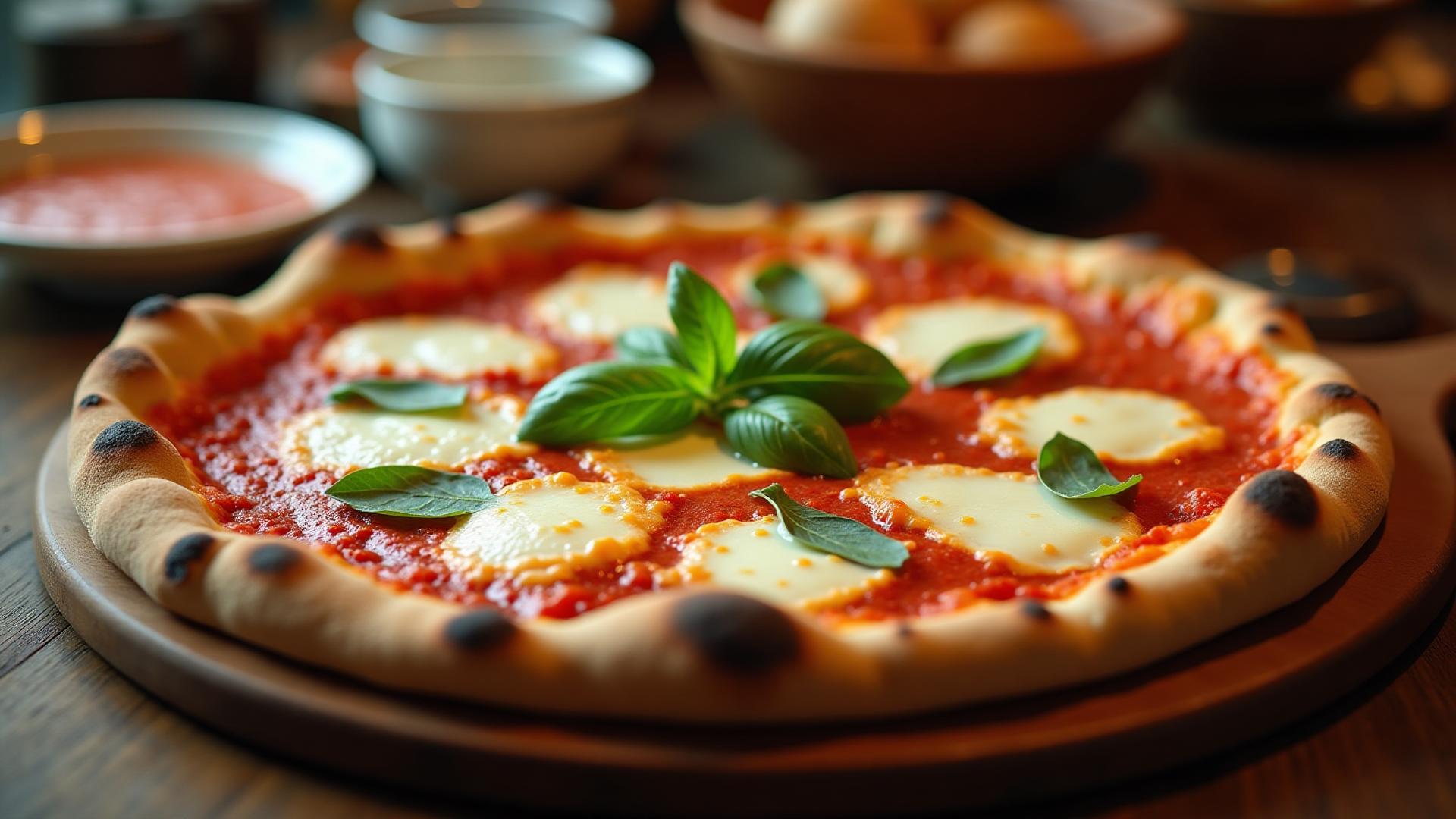 Pizza margherita con basilico fresco appena sfornata